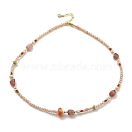 Natural Pearl & Agate & Strawberry Quartz Beaded Necklaces, 14K Gold Plated Brass Jewelry for Women, 15.79 inch(40.1cm)(NJEW-M214-06G)