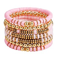 Synthetic Hematite & Polymer Clay Heishi Beads Stretch Bracelets Set, Golden Plated Round Beads Bracelets for Women, Pink, Inner Diameter: 2-1/4 inch(5.7cm), 7pcs/set(BJEW-PH01487-01)