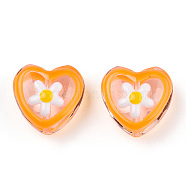 Transparent Glass Beads, with Enamel, Heart with Flower Pattern, Orange, 12x12x6.5mm, Hole: 0.9mm(GLAA-C026-03E)
