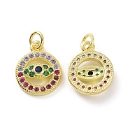 Brass Micro Pave Colorful Cubic Zirconia Pendants, with Jump Ring, Flat Round with Eye Charms, Real 18K Gold Plated, 15x12x3mm, Hole: 3.2mm(KK-E068-VF080)
