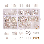PandaHall Elite Jewelry Finding Sets, with Iron Jump Rings, Zinc Alloy Lobster Claw Clasps, Alloy End Piece, Iron End Chains, Brass Cord Ends and Assistant Buckling Tool, Silver, 5~50x5~10x0.7~10mm(FIND-PH0004-02S)