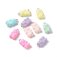 Opaque Resin Pendants, with Platinum Tone Iron Loops, Bear Charms with Heart, Mixed Color, 20x10x7.5mm, Hole: 2mm(RESI-G046-24P)