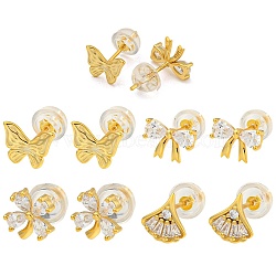 4Pcs 4 Style 925 Sterling Silver Stud Earrings Set, with Clear Cubic Zirconia, Butterfly & Flower & Leaf & Bowknot, Golden, 8~10mm, 1Pc/style(PI9253-1)
