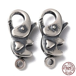 925 Thailand Sterling Silver Lobster Claw Clasps, Elephant with Heart, with 925 Stamp, Antique Silver, 20x10x5mm, Hole: 1.8mm(STER-D003-59B-AS)
