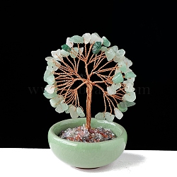 Natural Green Aventurine Chips Tree of Life Decorations with Bowl Base, Copper Wire Feng Shui Energy Stone Gift for Women Men Meditation, 80~100mm(PW-WG1DC7A-02)