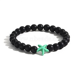 Men's Yoga Jewelry, Frosted Natural Black Obsidian Round Beads Stretch Bracelets, Starfish, Aquamarine(BK0782-6)