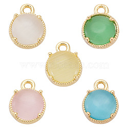 5Pcs 5 Colors Flat Round Brass Charms, with Cat Eye, Real 18K Gold Plated, Mixed Color, 9x7x3.5mm, Hole: 1.2mm, 1pc/color(KK-TADJ0001-12)