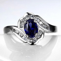 Oval Brass Glass Finger Rings, Micro Pave Clear Cubic Zirconia, Dark Blue, Platinum, US Size 7(17.3mm)(RJEW-BB64475)