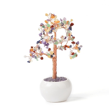 Natural Gemstone Chips with Brass Wrapped Wire Money Tree on Ceramic Vase Display Decorations, for Home Office Decor Good Luck, 120x50.5x190mm