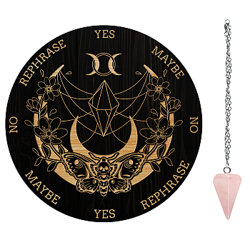 AHADEMAKER 1Pc Cone/Spike/Pendulum Natural Rose Quartz Stone Pendants, 1Pc 304 Stainless Steel Cable Chain Necklaces, 1Pc PVC Custom Pendulum Board, Dowsing Divination Board, Butterfly Pattern, Board: 200x4mm