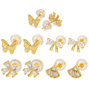 4Pcs 4 Style 925 Sterling Silver Stud Earrings Set, with Clear Cubic Zirconia, Butterfly & Flower & Leaf & Bowknot, Golden, 8~10mm, 1Pc/style