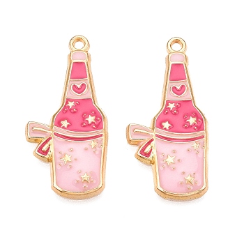 Rack Plating Alloy Enamel Pendants, Cadmium Free & Nickel Free & Lead Free, Light Gold, Wine Bottle with Star Charm, Pink, 34.5x16x2.5mm, Hole: 1.6mm