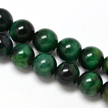 Natural Tiger Eye Beads Strands, Grade A+, Dyed & Heated, Round, Dark Green, 14mm, Hole: 1mm, about 29pcs/strand, 15.75 inch