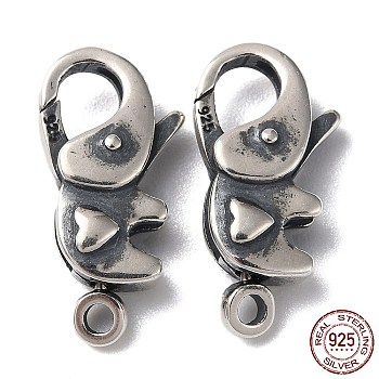 925 Thailand Sterling Silver Lobster Claw Clasps, Elephant with Heart, with 925 Stamp, Antique Silver, 20x10x5mm, Hole: 1.8mm