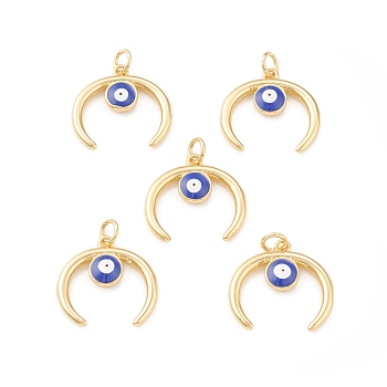 Eco-Friendly Brass Enamel Pendants, with Jump Ring, Lead Free & Cadmium Free, Double Horn/Crescent Moon with Evil Eye Charm, Real 18K Gold Plated, 17.5x18.5x1.5mm, Hole: 3.5mm
