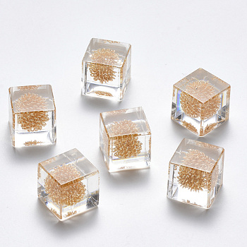 Transparent Acrylic Beads, with Light Gold Iron Wire inside, Cube, No Hole, Clear, 15x15x15mm