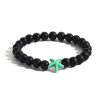 Men's Yoga Jewelry, Frosted Natural Black Obsidian Round Beads Stretch Bracelets, Starfish, Aquamarine