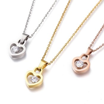 304 Stainless Steel Heart Padlock Pendant Necklaces, with Crystal Rhinestone and Lobster Claw Clasps, Mixed Color, 16-3/8 inch(41.5cm)