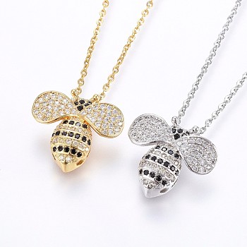 304 Stainless Steel Pendant Necklaces, with Cubic Zirconia, Bees, Mixed Color, 17.71 inch(45cm), Pendant: 18x20x6mm