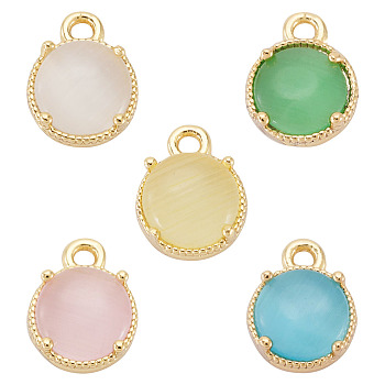 5Pcs 5 Colors Flat Round Brass Charms, with Cat Eye, Real 18K Gold Plated, Mixed Color, 9x7x3.5mm, Hole: 1.2mm, 1pc/color
