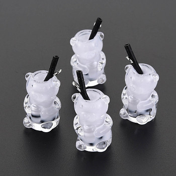 Imitation Bubble Tea/Boba Milk Tea Opaque Resin Pendants, Boba Polymer Clay inside, with Acrylic Cup and Iron Finding, Bear, White, 24~32x14x13mm, Hole: 1.8mm