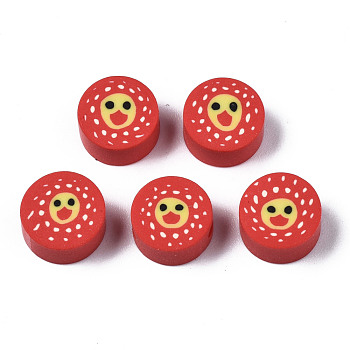 Handmade Polymer Clay Beads, for DIY Jewelry Crafts Supplies, Flat Round with Duck, Red, 8.5~9.5x4~5mm, Hole: 1.6mm