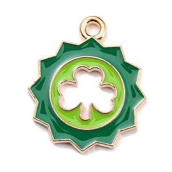 Saint Patrick's Day Alloy Enamel Pendants, Light Gold, Flower with Clover Charm, Green Yellow, 22x19x1.5mm, Hole: 2mm