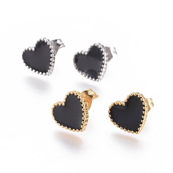 304 Stainless Steel Stud Earrings, with Enamel and Ear Nuts, Heart, Black, Mixed Color, 9.5x10.5x1.5mm, Pin: 0.6mm, 6pairs/card