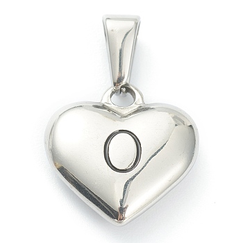 304 Stainless Steel Pendants, Heart with Black Letter, Stainless Steel Color, Letter.O, 16x16x4.5mm, Hole: 7x3mm