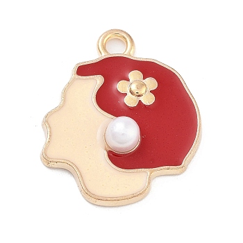 Light Gold Plated Alloy Enamel Pendants, with ABS Imitation Pearl, Cadmium Free & Lead Free, Lady Head Charm, Red, 19.5x16x4mm, Hole: 1.8mm