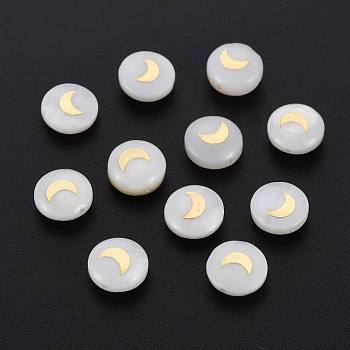 Natural Freshwater Shell Beads, with Golden Plated Brass Metal Embellishments, Flat Round with Moon, Seashell Color, 8x4.5mm, Hole: 0.6mm