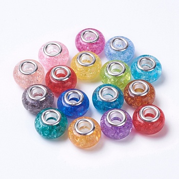 Resin European Beads, with Silver Color Plated Brass Single Core, Rondelle, Mixed Color, 14x9mm, Hole: 5mm