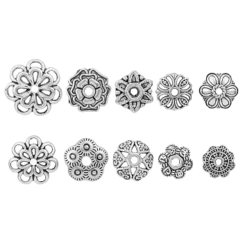 100Pcs 10 Style Hollow Tibetan Style Alloy Bead Caps, Flower, Antique Silver, 7~15x7~15x2~4.5mm, Hole: 0.9~1.6mm, 10pcs/style