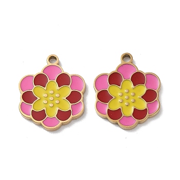 Ion Plating(IP) 304 Stainless Steel Pendants, with Enamel, Flower Charm, Golden, 17x14x1.5mm, Hole: 1.6mm