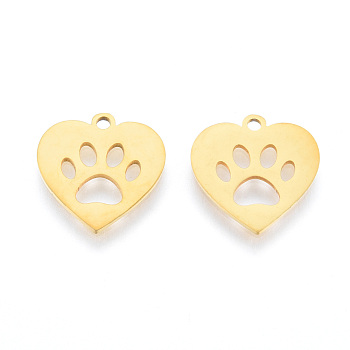 201 Stainless Steel Charms, Laser Cut Pendants, Heart with Dog Paw Prints , Real 18K Gold Plated, 15x15x1mm, Hole: 1.5mm