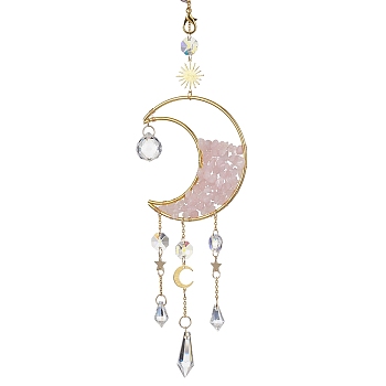 Wire Wrapped Natural Rose Quartz Chip & Brass Moon Pendant Decorations, with Glass Cone Charms, for Home Decorations, 420mm