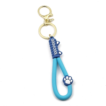 Cat Paw Print PVC Rope Keychains, with Zinc Alloy Finding, for Bag Doll Pendant Decoration, Deep Sky Blue, 17.5cm