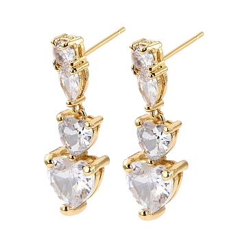 Heart Clear Cubic Zirconia Drop Earring, Dainty Dangle Stud Earrings for Her, Cadmium Free & Lead Free, Real 18K Gold Plated, 28.5mm, Pin: 0.8mm