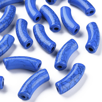 Opaque Crackle Acrylic Beads, Curved Tube, Medium Blue, 36x13.5x11.5mm, Hole: 4mm, about 148pcs/500g