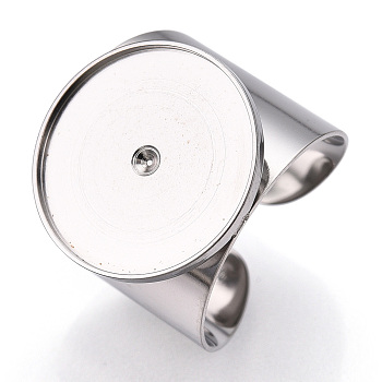 304 Stainless Steel Open Cuff Finger Ring Cabochon Settings, Flat Round, Stainless Steel Color, Inner Diameter: 17mm, Tray: 17mm