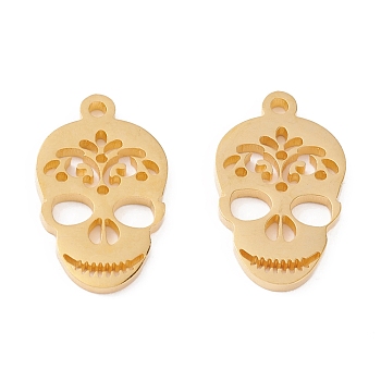 201 Stainless Steel Pendants, Manual Polishing, Sugar Skull, For Mexico Holiday Day of the Dead Vacuum Plating , Real 18K Gold Plated, 17x10.5x1.5mm, Hole: 1.2mm