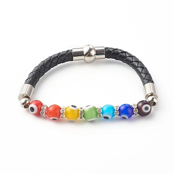 Handmade Evil Eye Lampwork Beads Beaded Bracelets, with Cowhide Leather Cord, Brass Rhinestone Beads, Magnetic Clasp, 304 Stainless Steel Beads, Colorful, 7-1/2 inch(19cm)