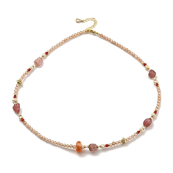 Natural Pearl & Agate & Strawberry Quartz Beaded Necklaces, 14K Gold Plated Brass Jewelry for Women, 15.79 inch(40.1cm)