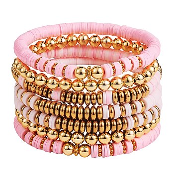 Synthetic Hematite & Polymer Clay Heishi Beads Stretch Bracelets Set, Golden Plated Round Beads Bracelets for Women, Pink, Inner Diameter: 2-1/4 inch(5.7cm), 7pcs/set