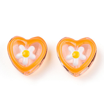 Transparent Glass Beads, with Enamel, Heart with Flower Pattern, Orange, 12x12x6.5mm, Hole: 0.9mm