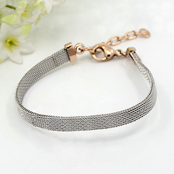 304 Stainless Steel Mesh Bracelets, with Lobster Claw Clasps, Stainless Steel Color & Rose Gold, 6-1/4 inch(160mm)