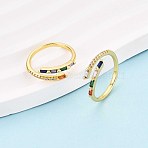 Brass Micro Pave Cubic Zirconia Cuff Rings for Women, Rectangle, Real 18K Gold Plated, US Size 7 1/4(17.5mm)(KK-T071-79G)