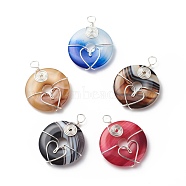 Natural Striped Agate/Banded Agate Pendants, Dyed, with Eco-Friendly Copper Wire Wrapped, Donut/Pi Disc Charm, Mixed Color, Silver, 38.5x31x6.5mm, Hole: 4.5mm(PALLOY-JF01819-02)