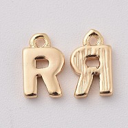 Brass Charms, Letter, Nickel Free, Real 18K Gold Plated, Letter.R, 8x5x1.5mm, Hole: 0.8mm(X-KK-S350-167R-G)