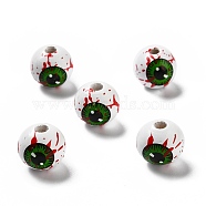 Halloween Spray Painted Wood Beads, Round with Green Bloody Eyes Pattern, White, 15.5~16x14.5~15mm, Hole: 4mm(WOOD-C002-07)